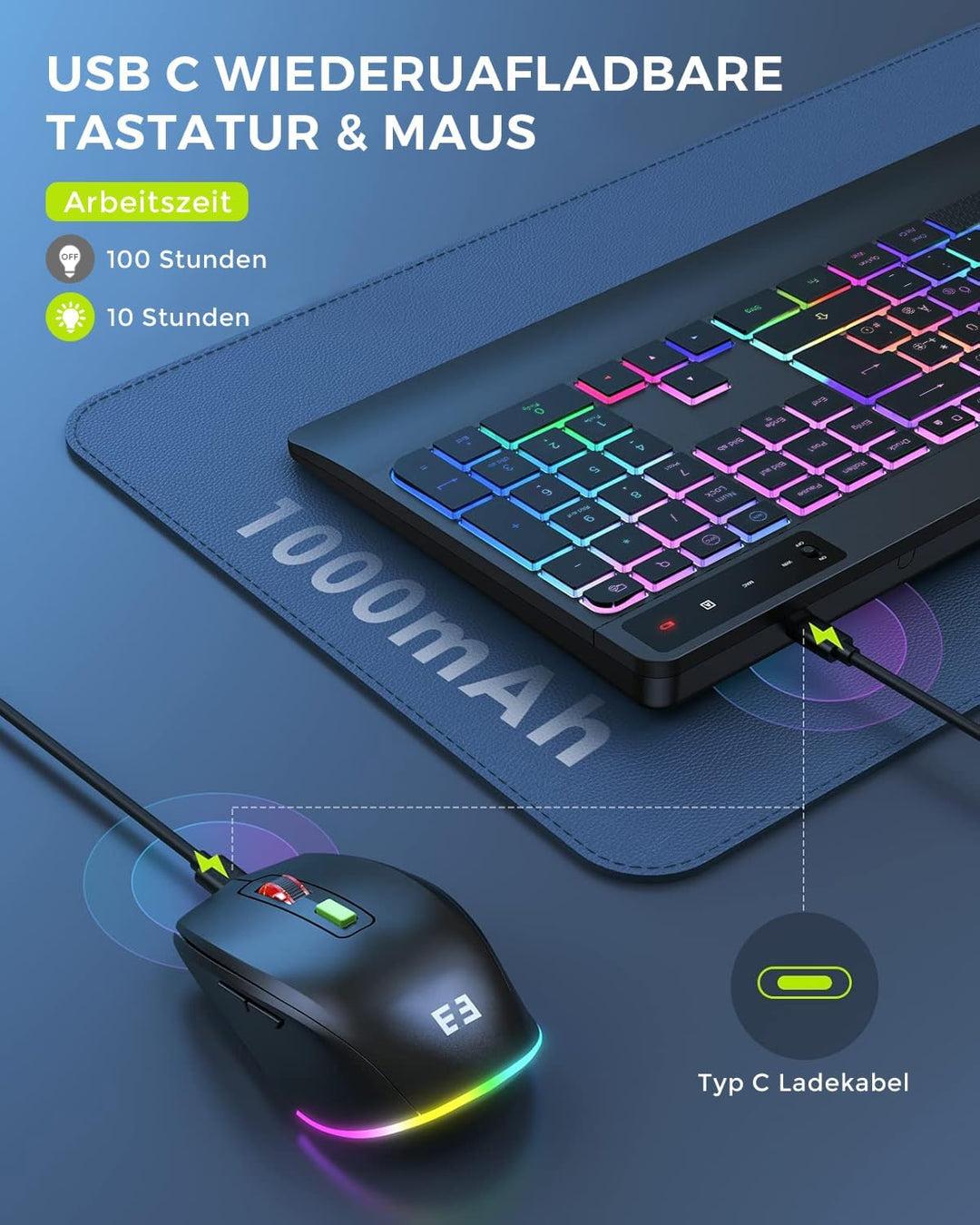 seenda JPX006 Tastatur Maus Set kabellos beleuchtet, wiederaufladbare USB &amp; Typ C Funktastatur mit M