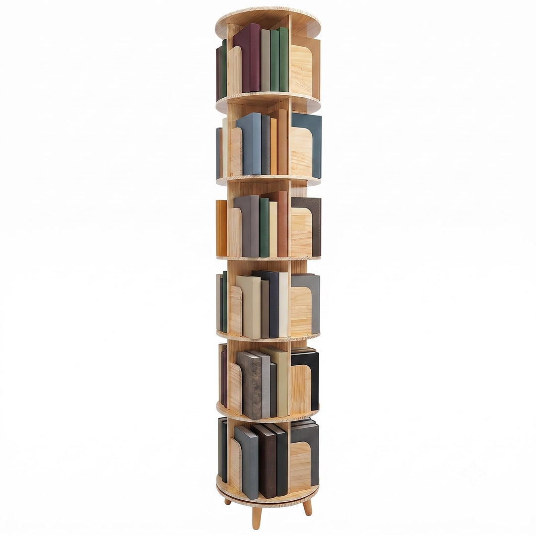 6 Ebenen 360° Drehbares Bücherregal, Standregal aus Kiefernholz | Rundes Regale, Multifunktionales L