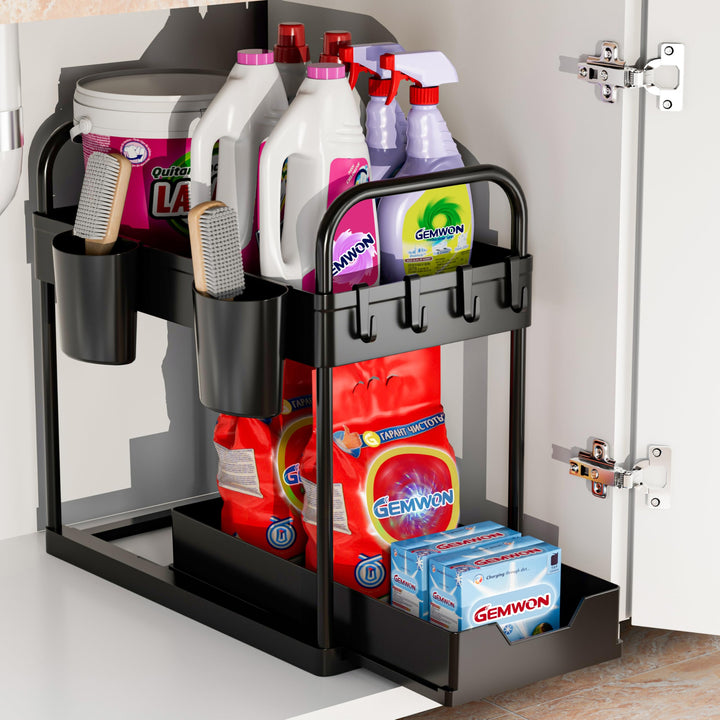 GEMWON Küchen Organizer,2 Etagen Unter Waschbecken Regal mit 4 Haken & 2 Tassen,Spülschrank Organize