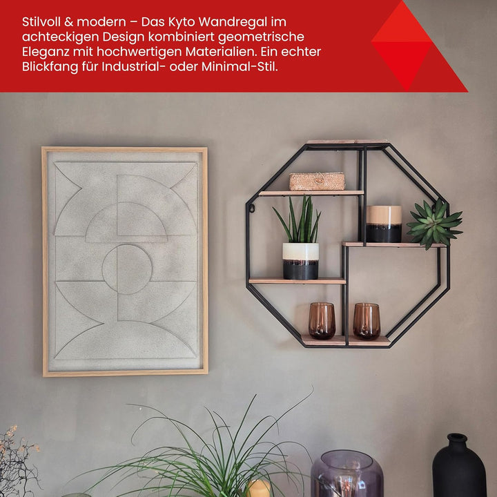 Kyto Wandregal Achteckig 60x60cm Durchmesser, Robustes Oktagon Deko Regal aus Metall Oktagonalform u