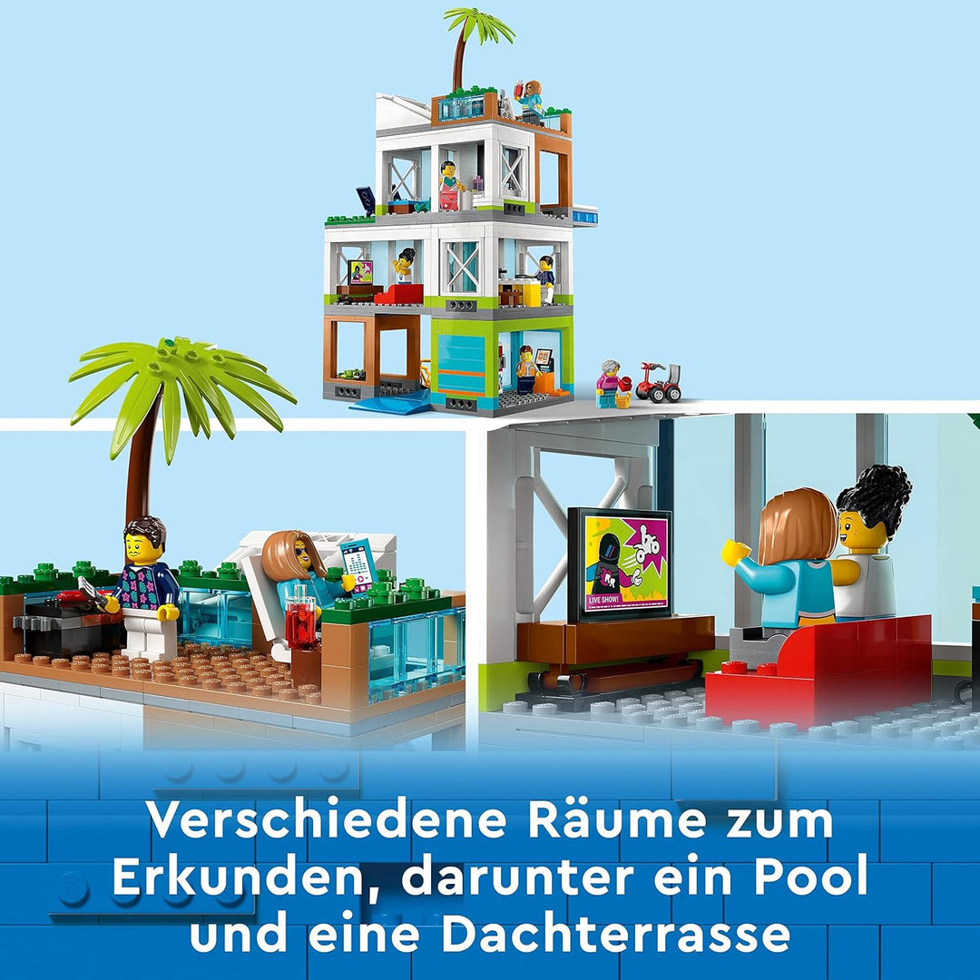 LEGO 60365 City Appartementhaus Set, Konstruktions-Spielzeug mit Eckladen, Wohnzimmer, Küche und Sch