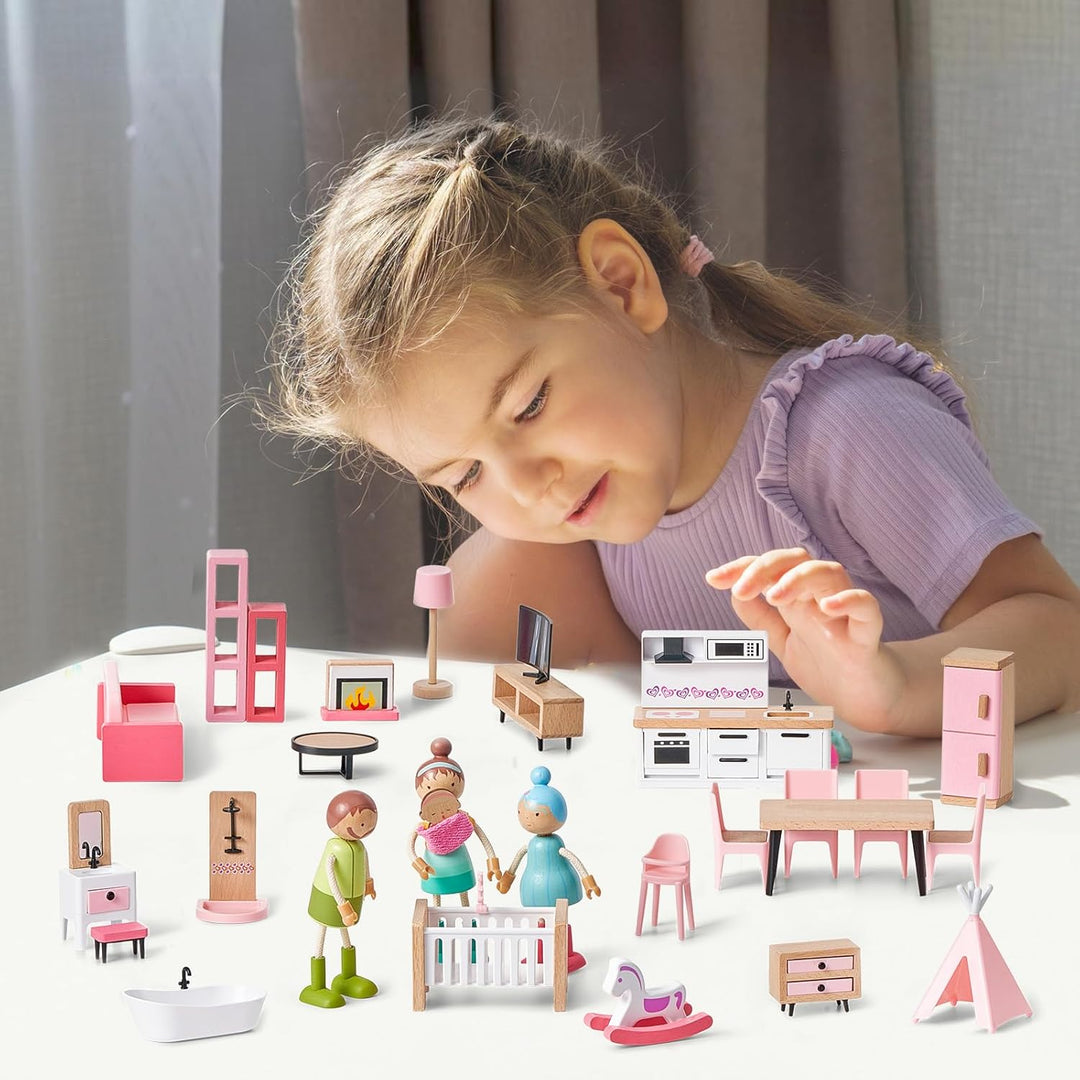 Giant bean Puppenhaus Möbel Set aus Holz, 36 Teilig, Puppenhaus Zubehör, Spielmöbel, Spielzeug für J