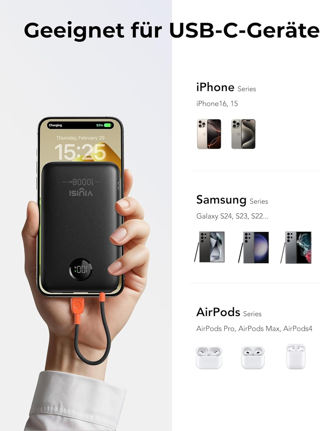 VIYISI Powerbank 10000mAh Ultradünn, 22.5W PD 20W Fast Charge mit Integriertem USB-C Kabel, LED-Anze