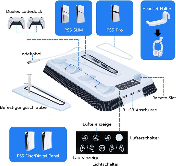 Wigearss PS5/PS5 Slim/PS5 Pro Kühler Standfuss mit Dual Controller Ladegerät, PS5 Controller Ladesta