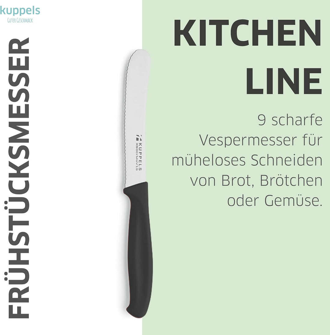 Kuppels Frühstücksmesser Set 9-tlg, Wellenschliff, schwarz, Kunststoffgriff | Gezahnte Klinge macht