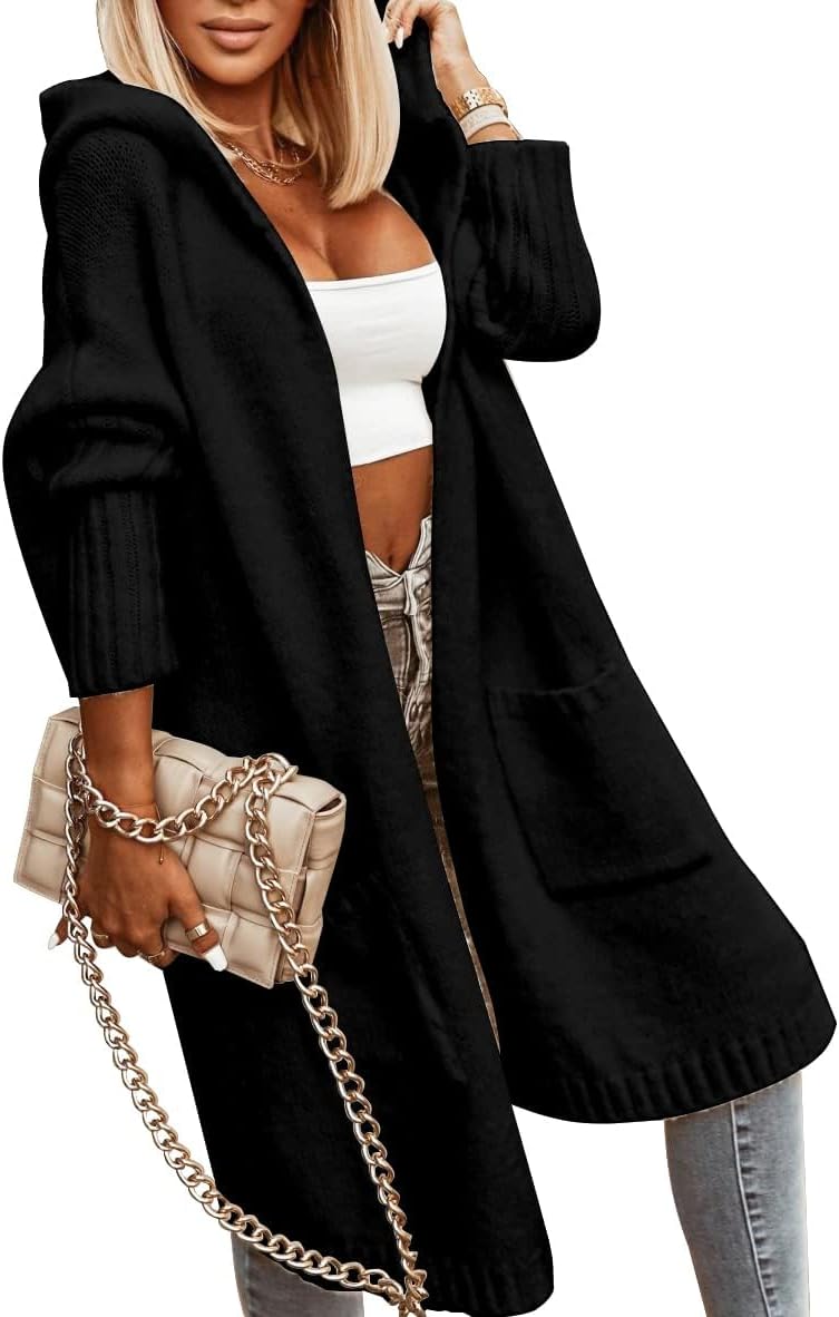 Tongmingyun Strickjacke Damen Lang Cardigan mit Kapuze Winter Grobstrickjacke Casual Lose Strickmant