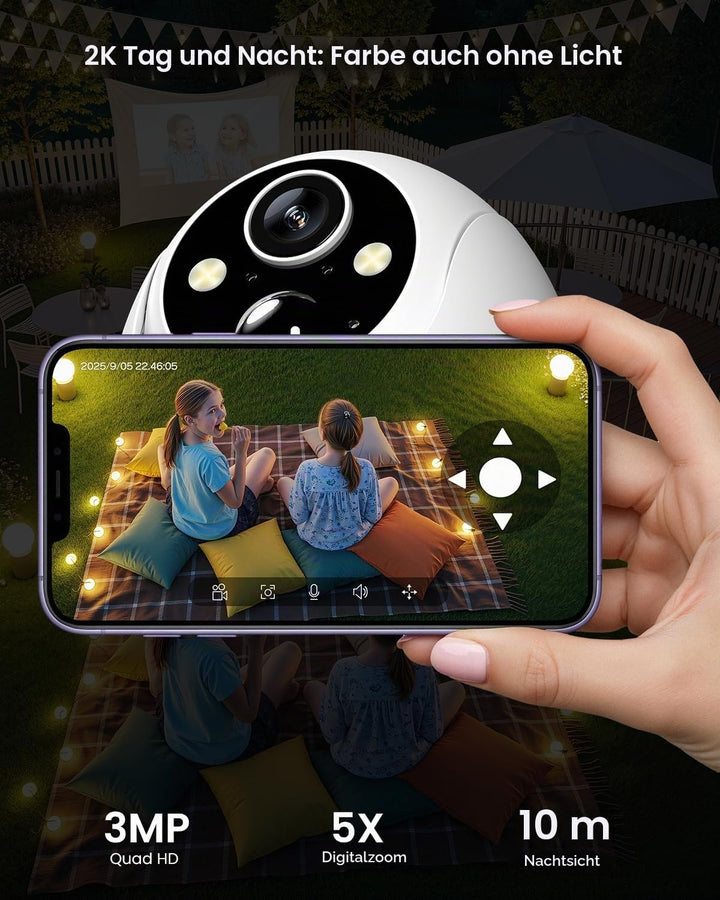 2K Überwachungskamera Aussen Akku Solar, Kabellos 2,4GHz WLAN Outdoor Kamera, 360° PTZ Kamera Überwa