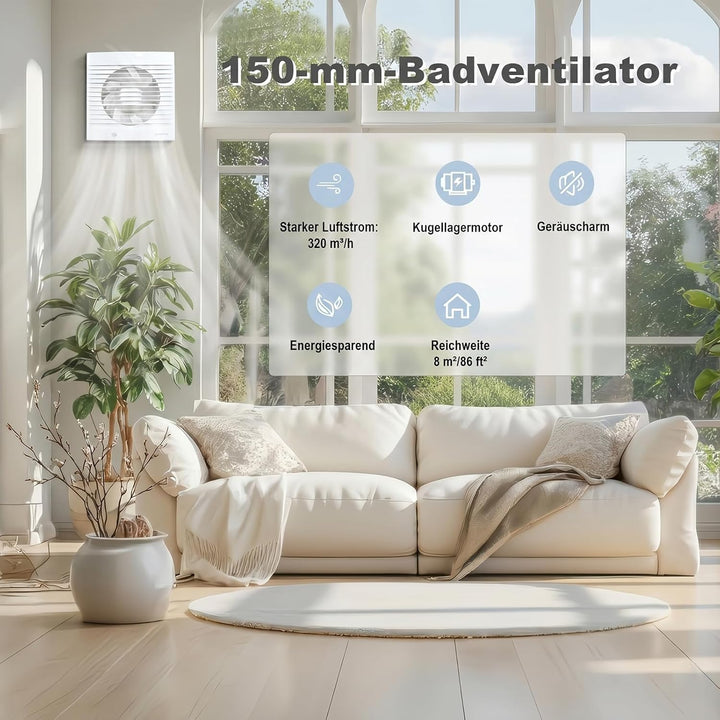 Badlüfter 150mm, 320 m³/h starker Badezimmer Ventilator, 35 dB leiser Abluftventilator für Wand Fens