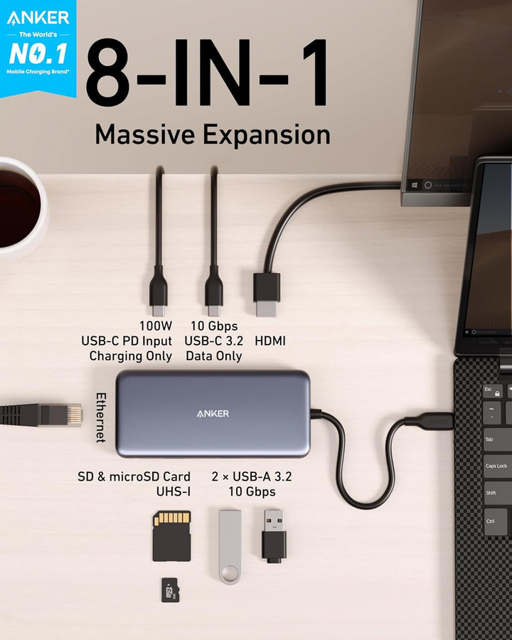 Anker 555 USB-C Hub (8-in-1) PowerExpand USB-C Adapter, 100W Power Delivery, 4K 60Hz HDMI, 10Gbps US