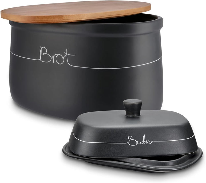 KHG Brotkasten Butterdose Set 2-teilig, Keramik Steingut poliert, Anthrazit Grau, Holz Deckel Bambus