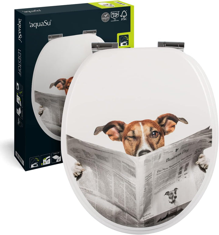 aquaSu® WC-Sitz mit Absenkautomatik, lustiges Dekor Lesestoff, Toilettensitz mit Holz-Kern & Fast Fi