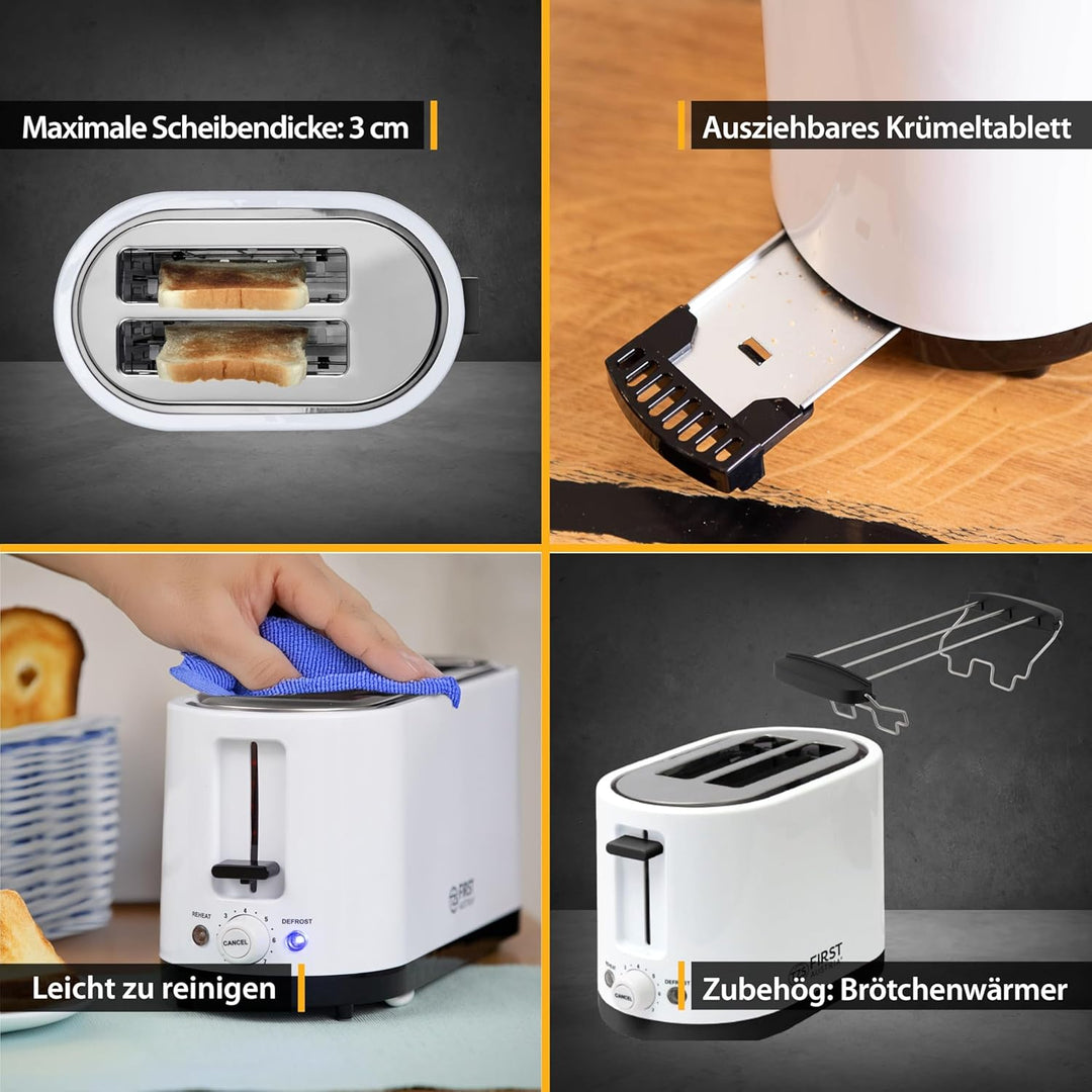 TZS First Austria Doppel Kurzschlitz Toaster, 2 Scheiben, weiss, 750W, 7 Stufen, Warmhalte- und Auft