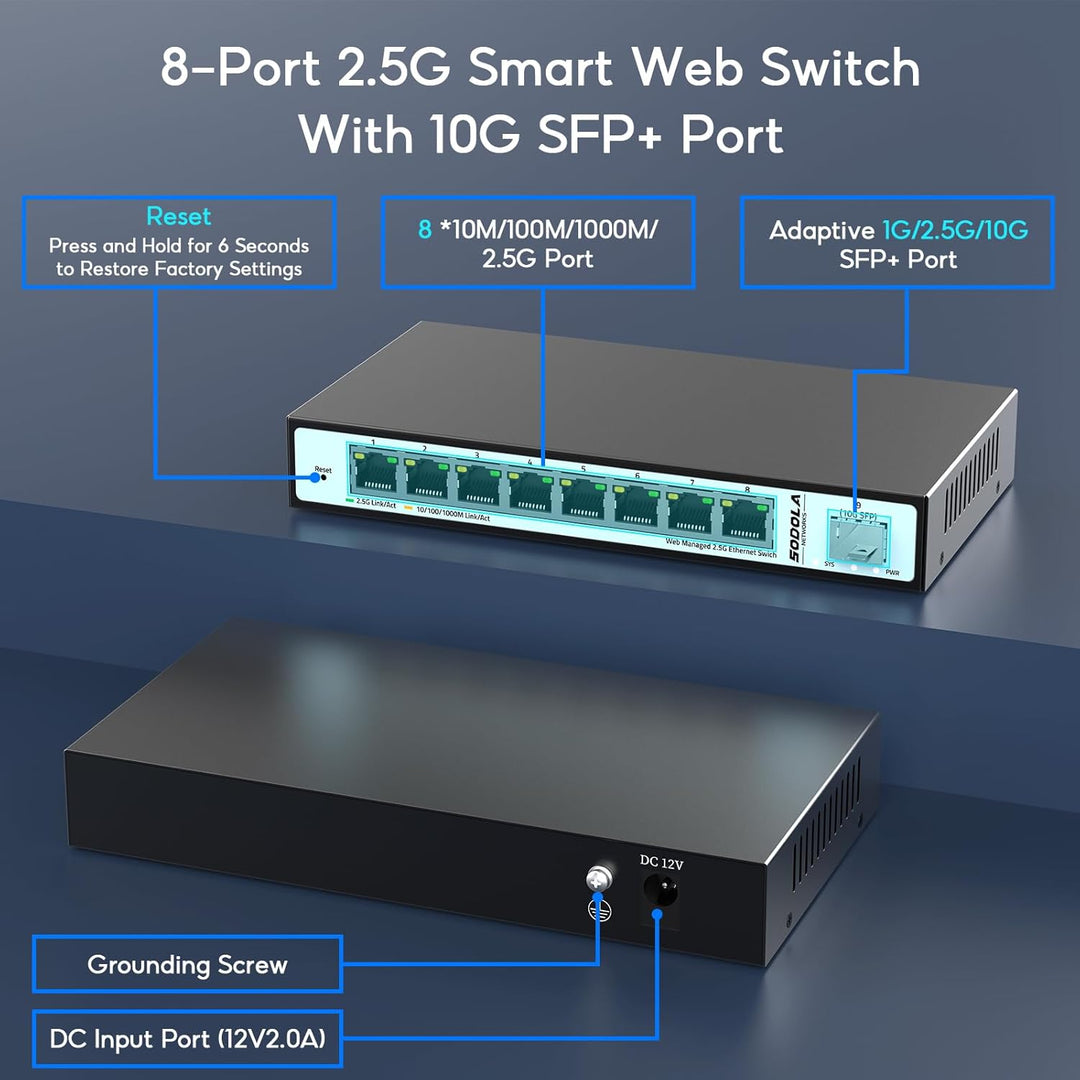 SODOLA 9 Port 2.5G Smart Web Ethernet Switch,1 10G SFP und 8 x 2.5G Base-T Ports,Unterstützt Statisc