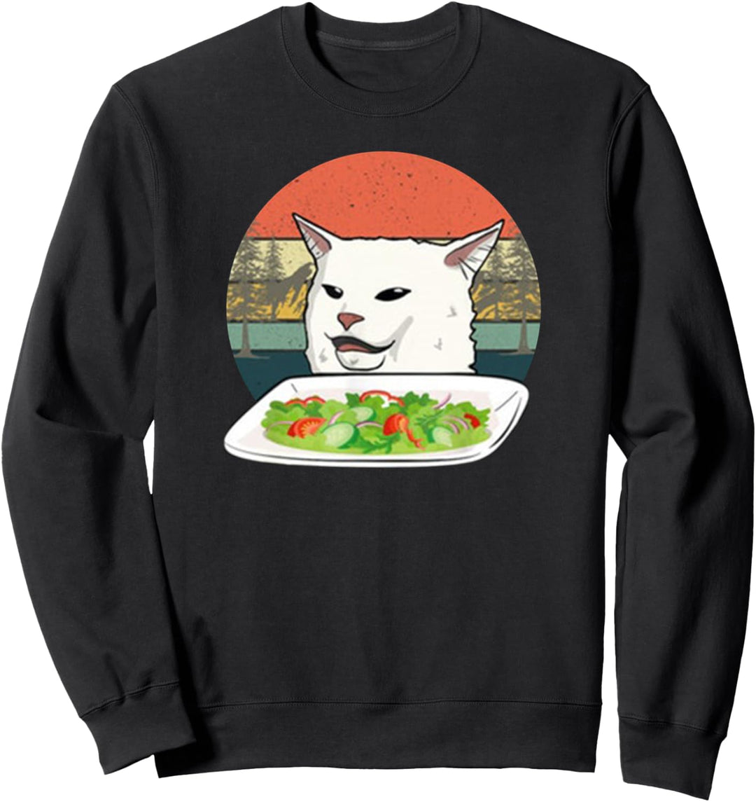 Angry women yelling at confused cat at dinner table meme Sweatshirt