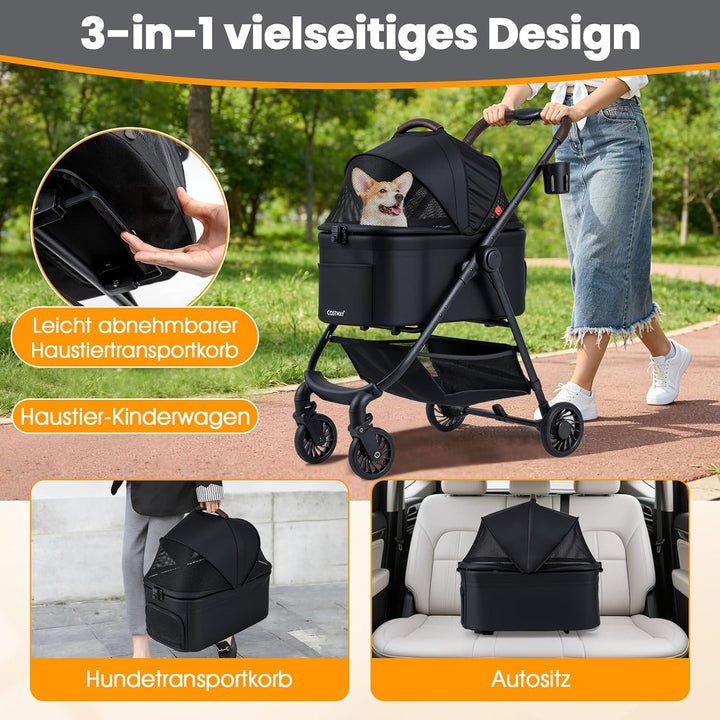 COSTWAY 3 in 1 Hundewagen, Hundebuggy mit verstellbarem Netzdach & Korb & Getränkehalter, Haustiere