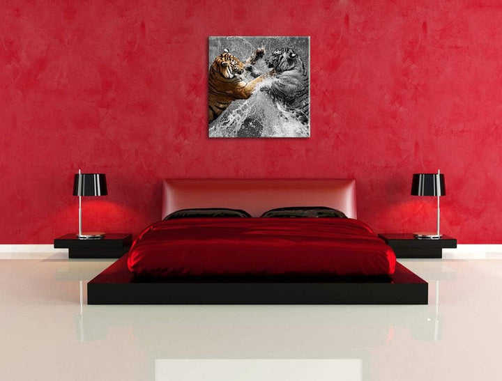 Pixxprint prachtvolle Tiger kämpfen schwarz/weiss, Format: 70x70 auf Leinwand, 70x70