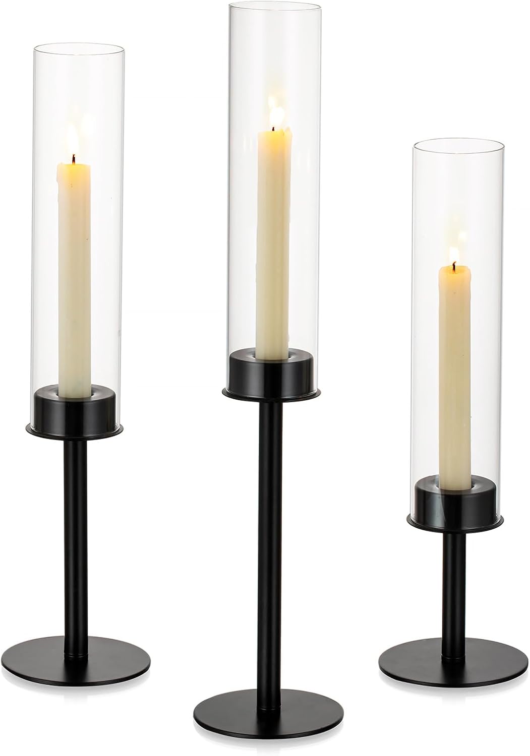 Nuptio Kerzenhalter Kerzenständer Schwarz Stabkerzen: Klarglas Metall Glaszylinder für Kerzen Stabke