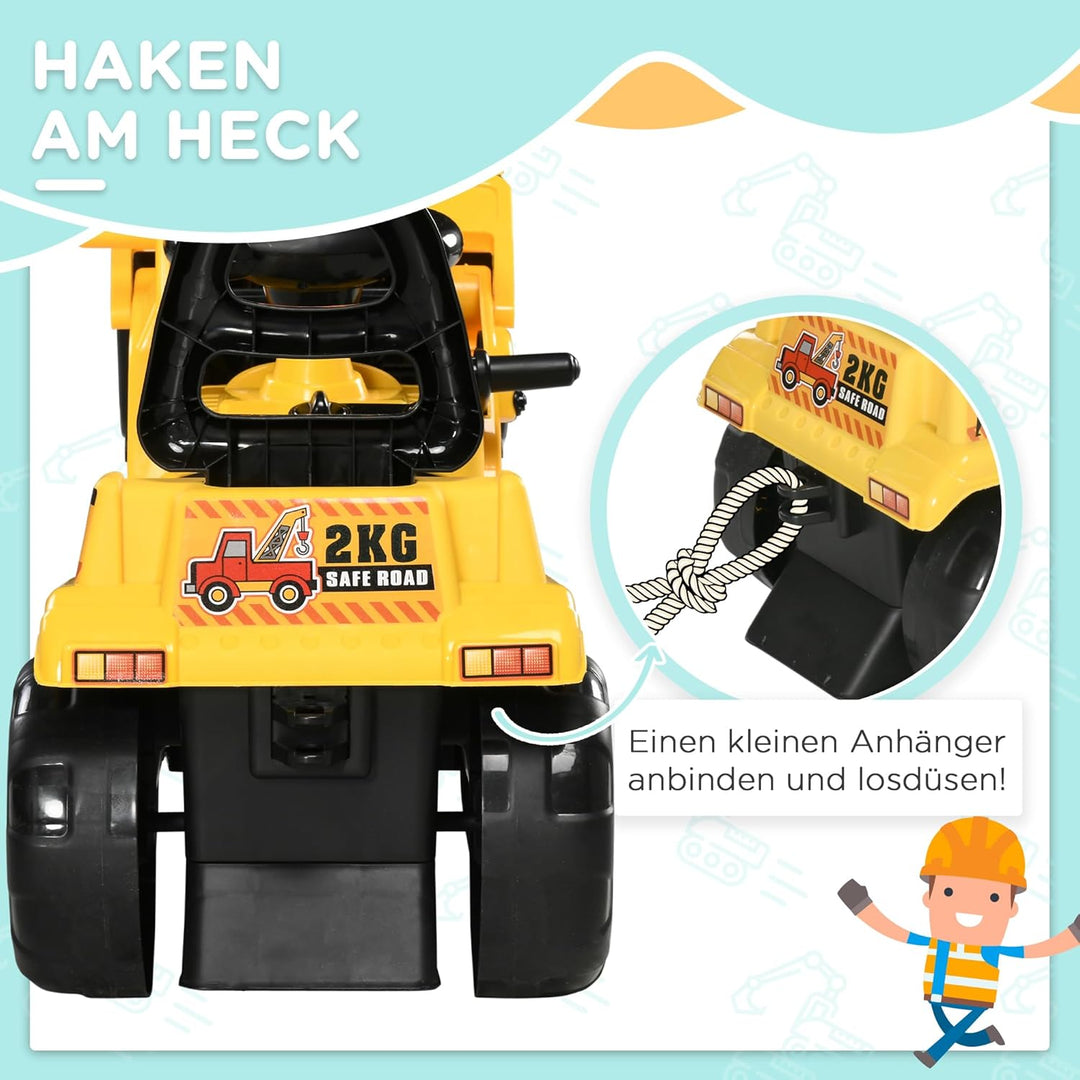 HOMCOM Sitzbagger Aufsitzbagger mit drehbarer Verstellbarer Schaufel, Hupe Kinderbagger mit Stauraum