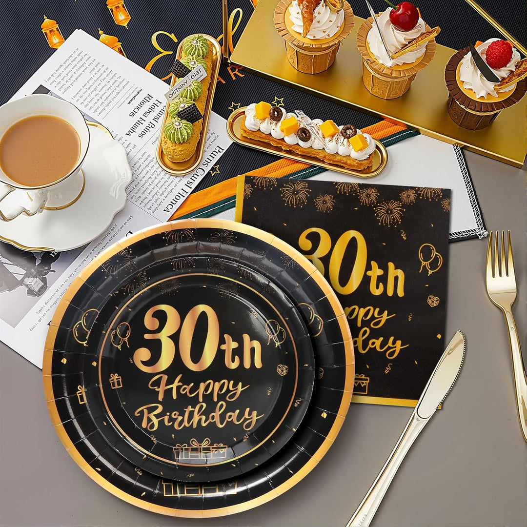 96 Stück Schwarz und Gold Geburtstag Party Geschirr Set, 30th Schwarz und Gold Geburtstag Party Gesc