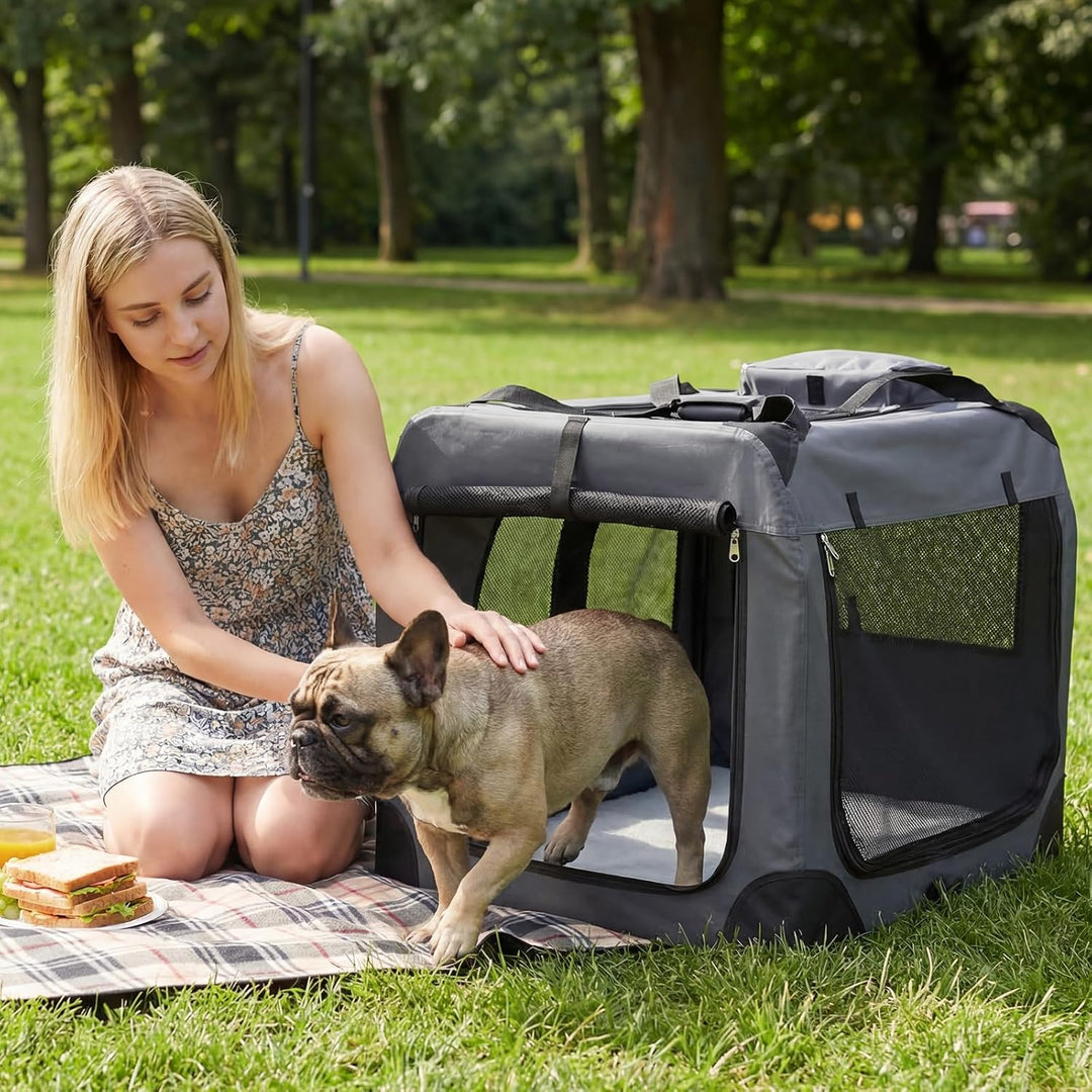 COSTWAY Hundebox Auto, Transportbox Hund faltbar (L-83,5 x 58 x 58 cm,Grau) | Hundetransportbox mit