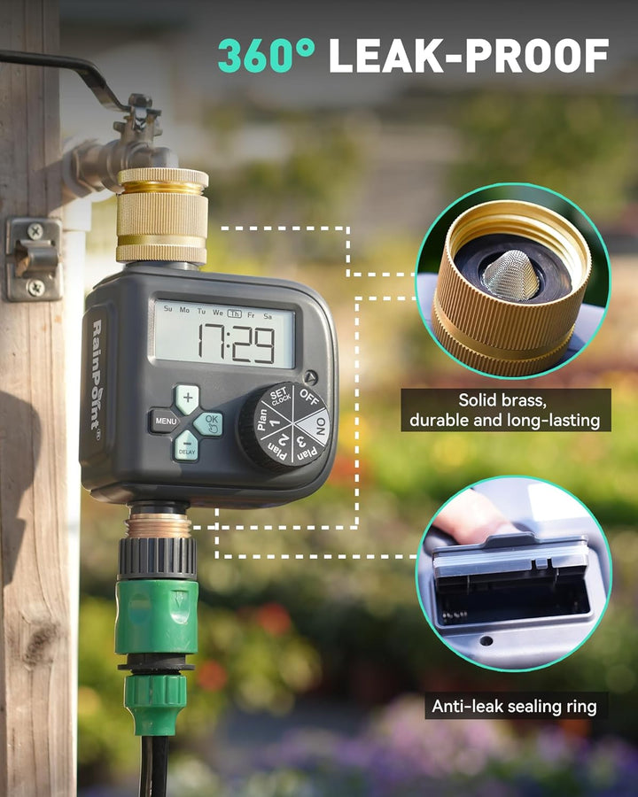 RAINPOINT Bewässerungscomputer mit Messing-Einlass und -Auslass, Wasserzeitschaltuhr mit 3 Zeitpläne