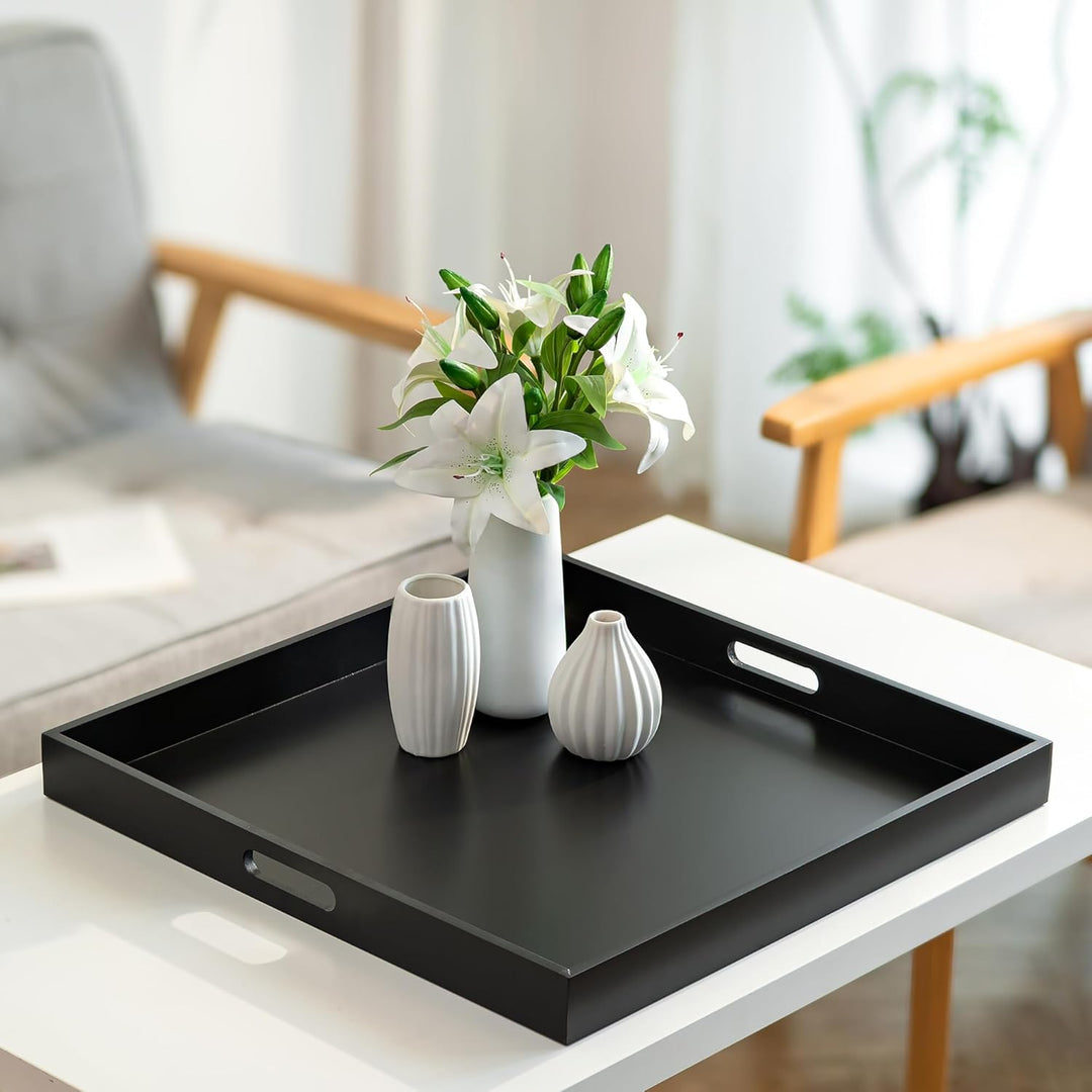 Hanobe Tablett Gross Schwarz Serviertablett Holztablett Deko mit Griff 52cm | Modern Glossy Quadrati
