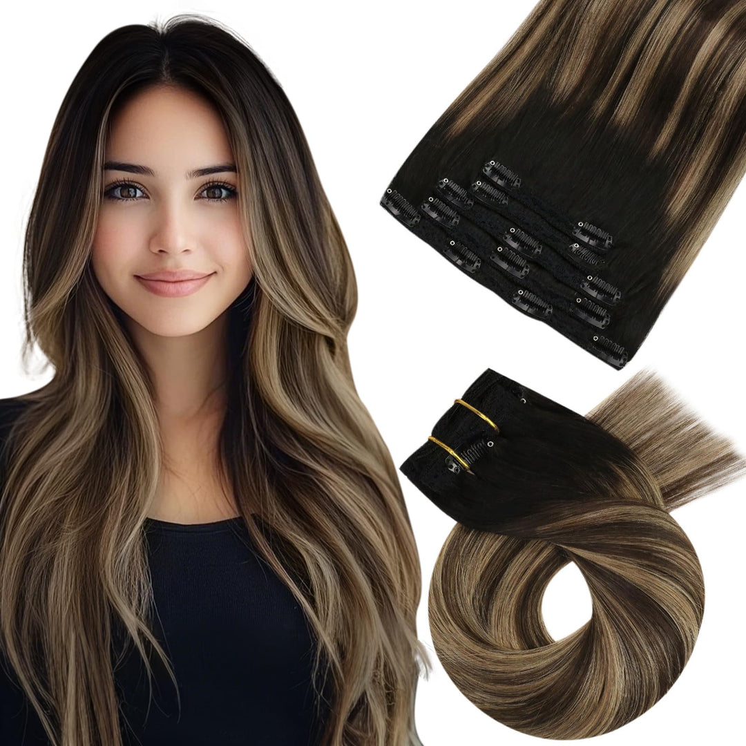Moresoo Echthaar Extensions Clip Schwarz Remy Clip in Extensions Echthaar Doppelt Tressen Haarextens