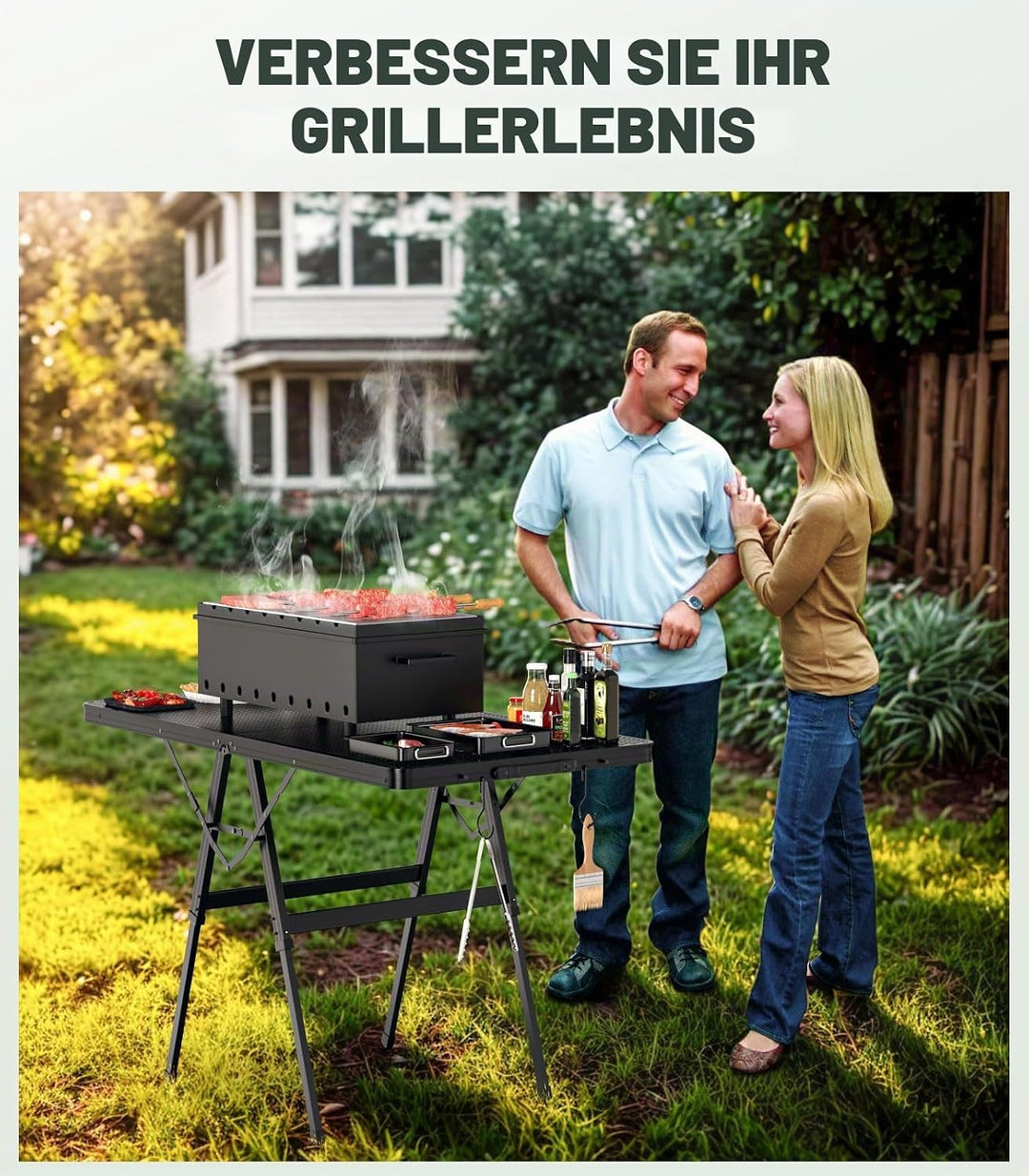 Raynesys Klappbarer Grilltisch mit Mesh-Tischplatte, Höhenverstellbarer Faltbarer Campingtisch aus M