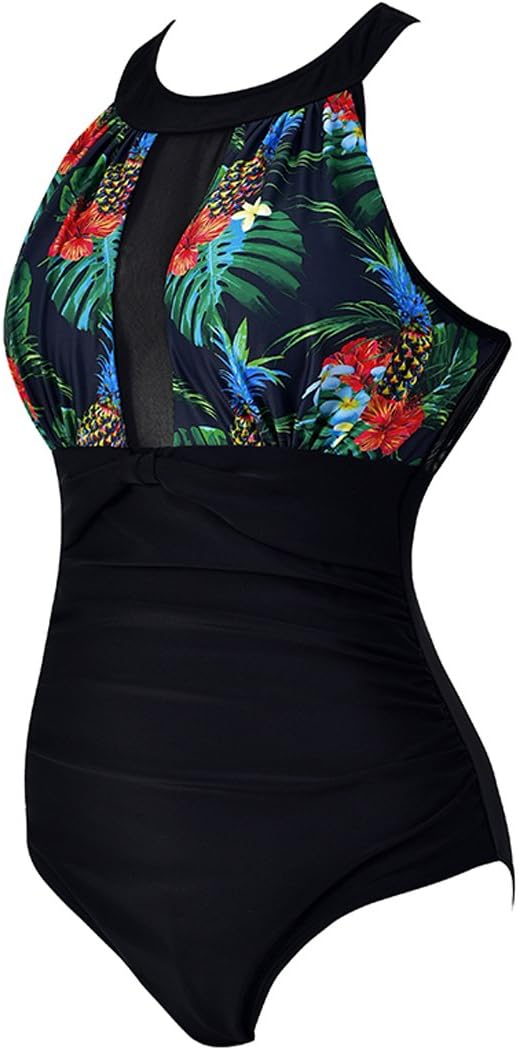 VILOREE Damen Schlankheits Badeanzug Raffung Einteiler High Neck Bademode Strandmode M Blumen 