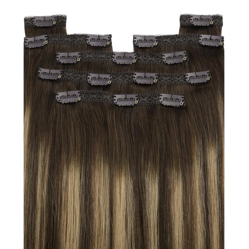 YoungSee Clip in Extensions Echthaar Ombre 30cm Echthaar Extensions Clip Dunkelbraun Balayage Karame