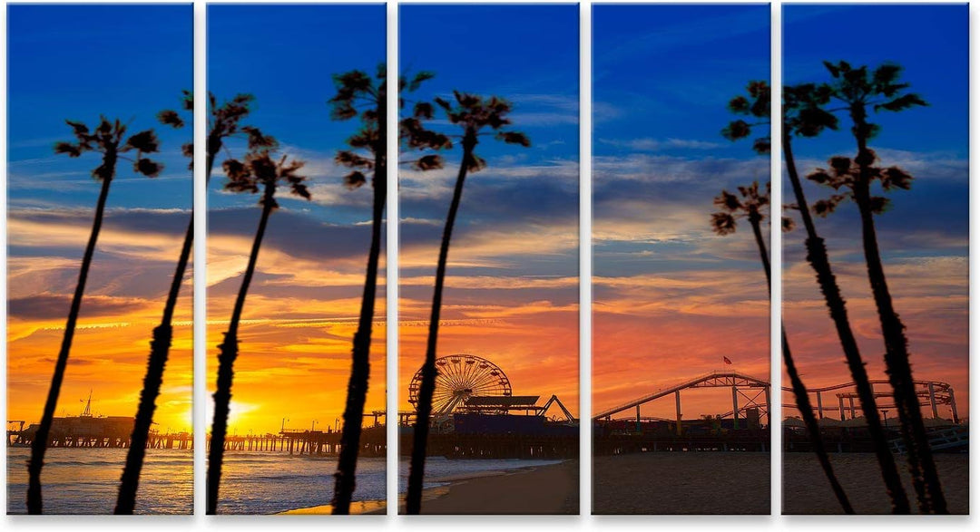 islandburner Bild auf Leinwand Santa Monica Kalifornien Sonnenuntergang Pier Fähren Rad Reflexion St