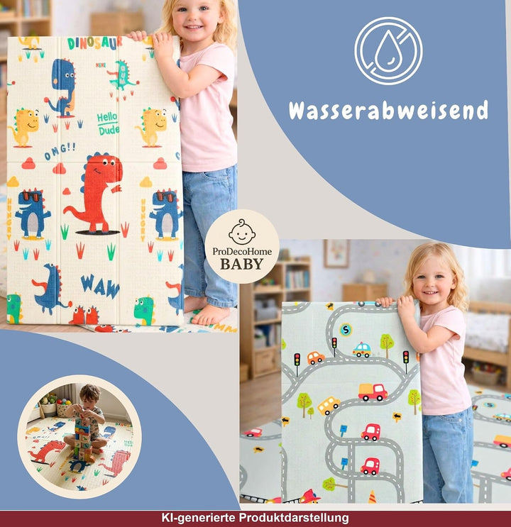 Krabbelmatte Baby, faltbar, doppelseitig, 150x180cm Dinosaurier und Autos | Kinder Spieldecke, Rutsc
