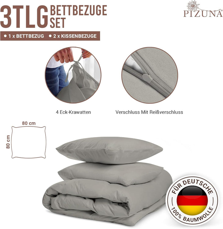 Pizuna 400 Fadenzahl aus Baumwolle Bettwäsche Aschgrau, 100% Langstaple Baumwolle Bettbezug und Kiss