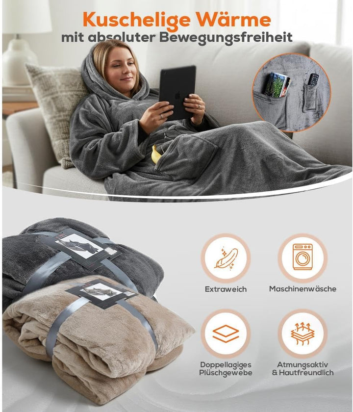ESTEXO XXL TV-Decke Ärmeldecke Kuscheldecke Wohndecke mit Ärmeln und Fusstasche Handytasche Anthrazi