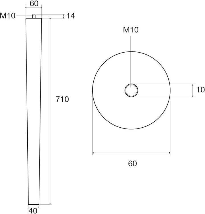 4er Set Tischbeine Eiche roh H 710 mm / Ø 60/40 mm mit Gewindestift M10 Ideal für Küchen & ESS-Tisch