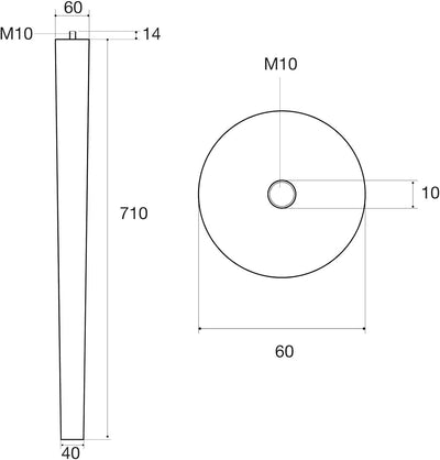 4er Set Tischbeine Eiche roh H 710 mm / Ø 60/40 mm mit Gewindestift M10 Ideal für Küchen & ESS-Tisch