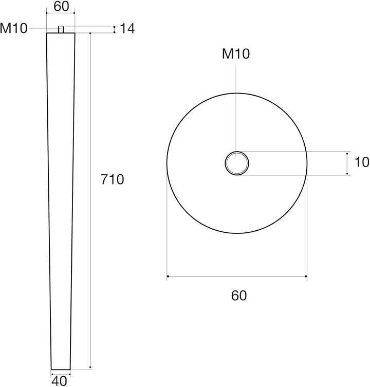 Tischbein Eiche roh H 710 mm/Ø 60/40 mm mit Gewindestift M10 Ideal für Küchen & ESS-Tische/Tischfuss