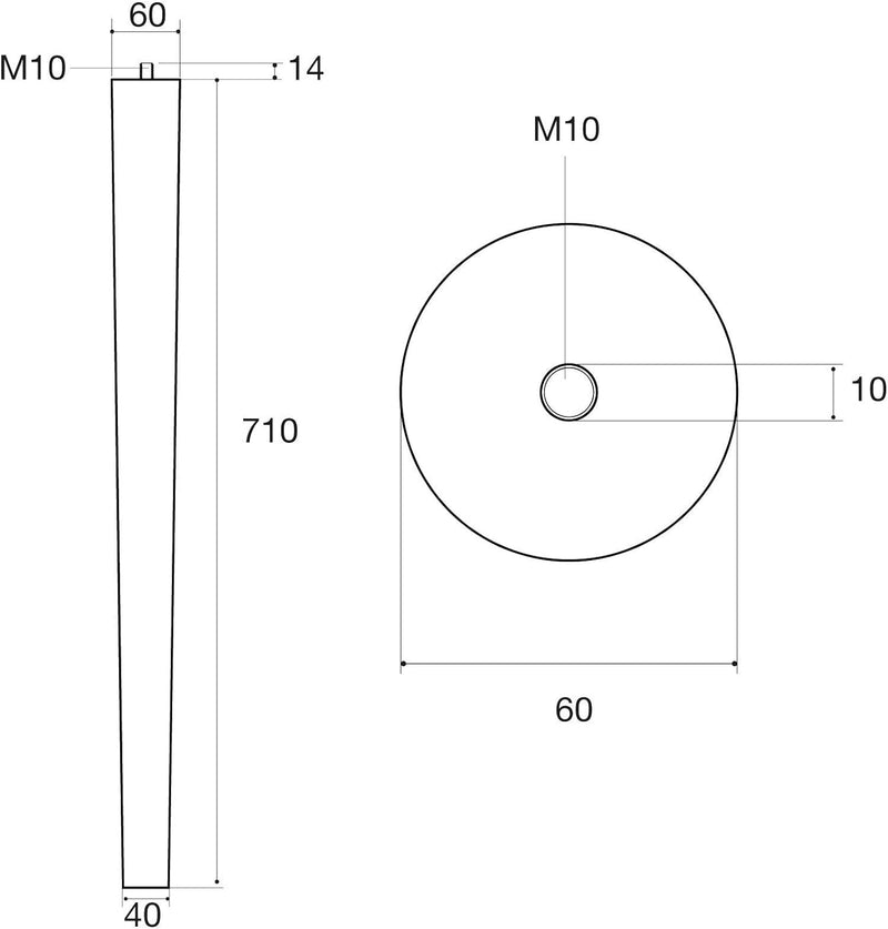 4er Set Tischbeine Eiche roh H 710 mm / Ø 60/40 mm mit Gewindestift M10 Ideal für Küchen & ESS-Tisch