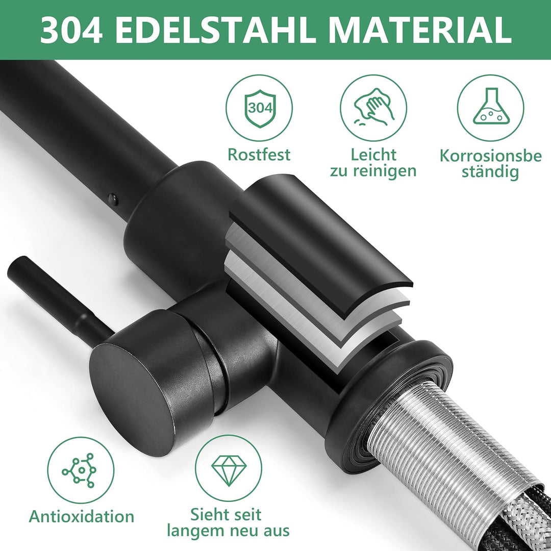 Wasserhahn Küche Schwarz Ausziehbare Küchenarmatur mit 50 cm Brauses chlauch – 360° Drehbar, 2 Sprüh