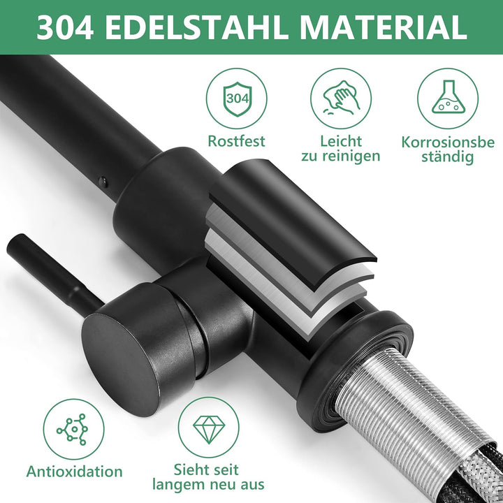 Wasserhahn Küche Schwarz Ausziehbare Küchenarmatur mit 50 cm Brauses chlauch – 360° Drehbar, 2 Sprüh