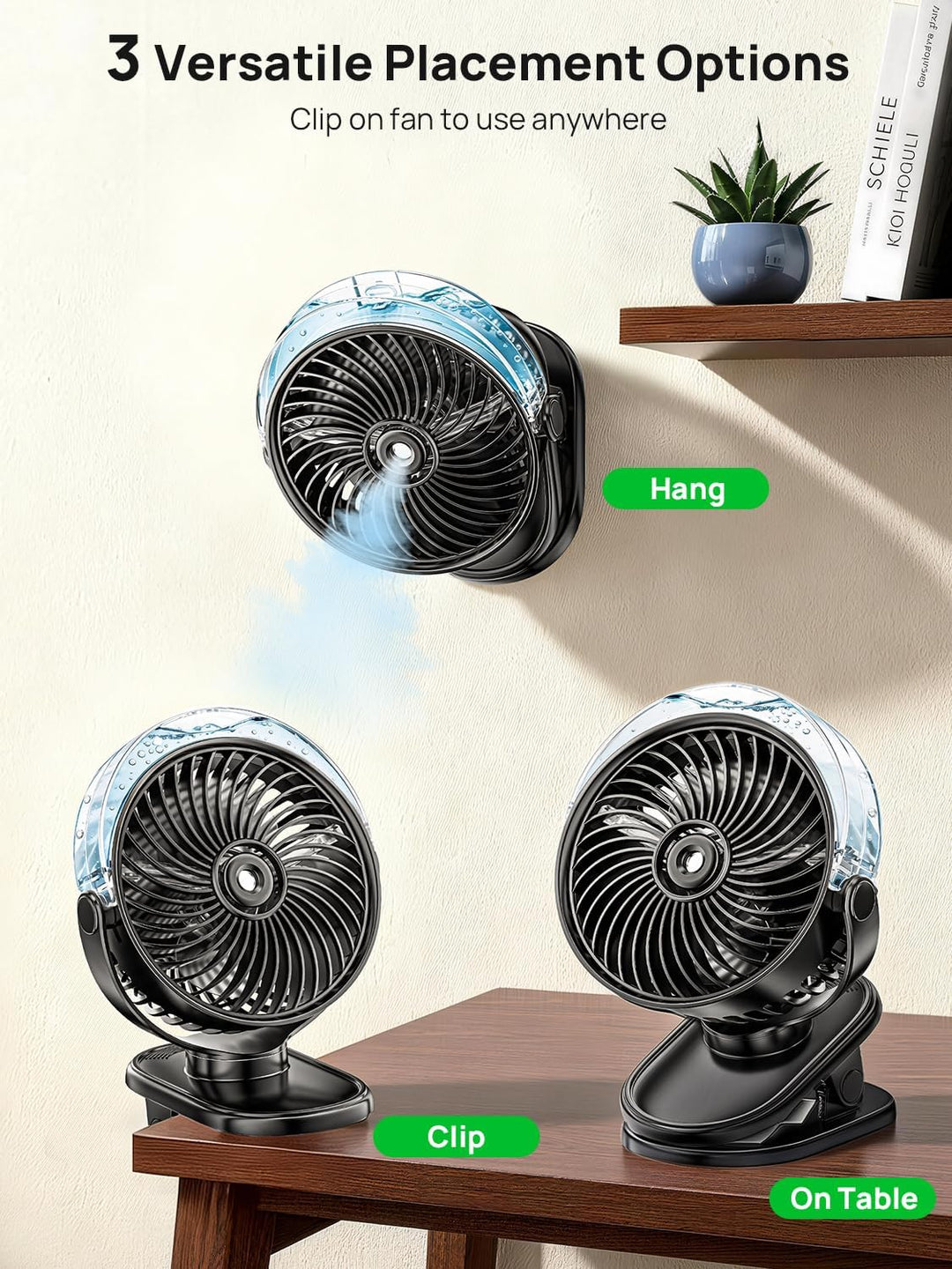 Clip Ventilator Mit Wasserkühlung, 6000mAh Ventilator Akku Aufladbar, Mini Tragbarer USB Tischventil