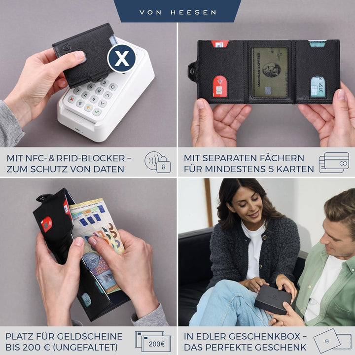 VON HEESEN Slim Wallet mit XXL Münzfach & RFID-Schutz - Leder Geldbeutel - Mini Geldbörse für Herren