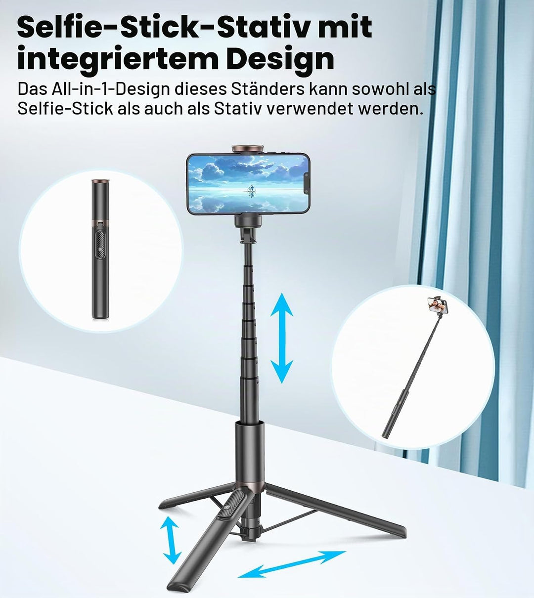TONEOF 153CM Selfie Stick Stativ, Verbesserte 360° Drehbare Selfie Stange, Ausziehbares All-in-1 Han