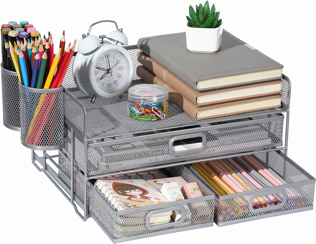 3-Trays Desktop Organizer mit Schublade, Mesh Büro Schreibtisch liefert Organizer Dokumenten Buchsta