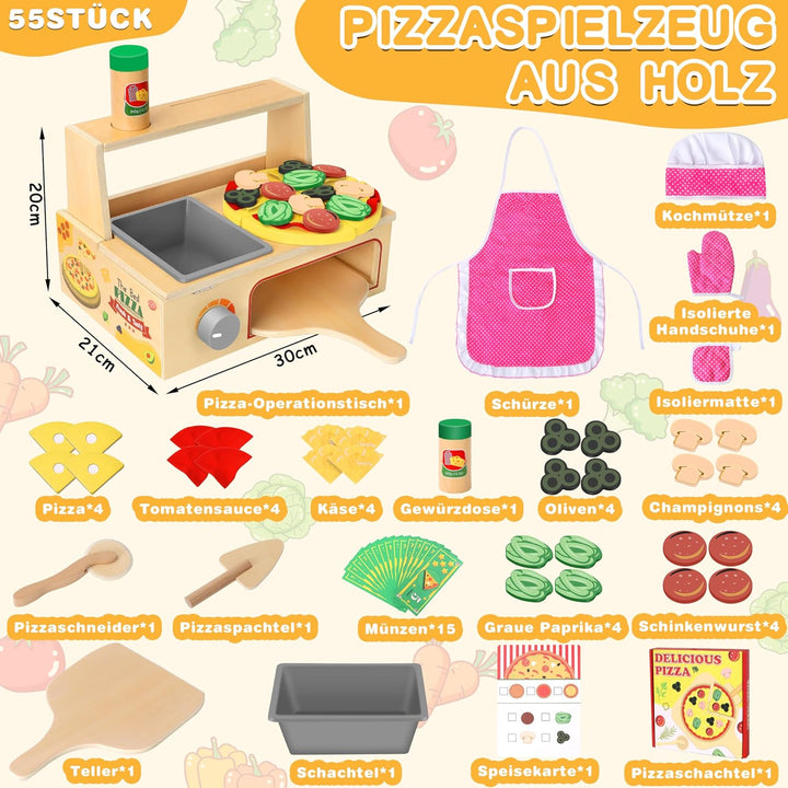 Charmofun Pizza Kinderküche Zubehör Holz, Kinderküche Zubehör Spielküche Pizza Set mit Pizzaofen Sch