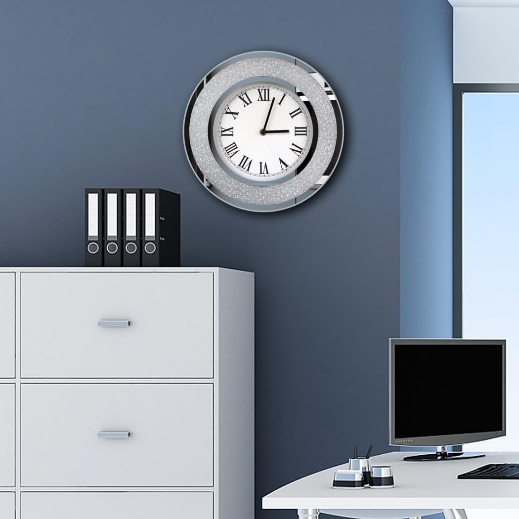 DMDFIRST Bling Silver Round Mirror Clock 12 inch Glam Sparkle Twinkle Shining Mirror Wall Clock for
