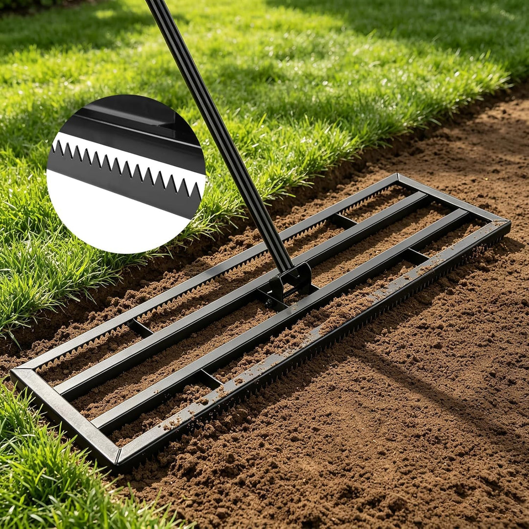 Rasen Nivellierrechen 81x25cm mit Gezahnte Seite und 199 cm Langer Griff, 2-In-1 Rasen-Nivelliergera