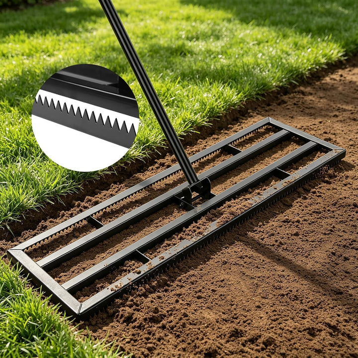 Rasen Nivellierrechen 81x25cm mit Gezahnte Seite und 199 cm Langer Griff, 2-In-1 Rasen-Nivelliergera