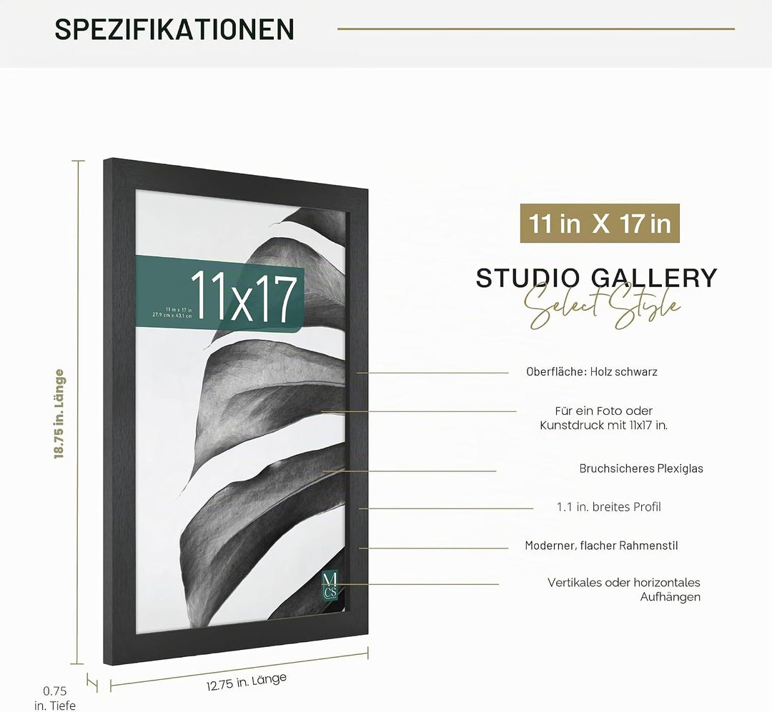 MCS Studio Galerie-Rahmen, schwarze Holzmaserung, 27,9 x 43,2 cm, Einzelbett Schwarz Holz-Optik 11 x