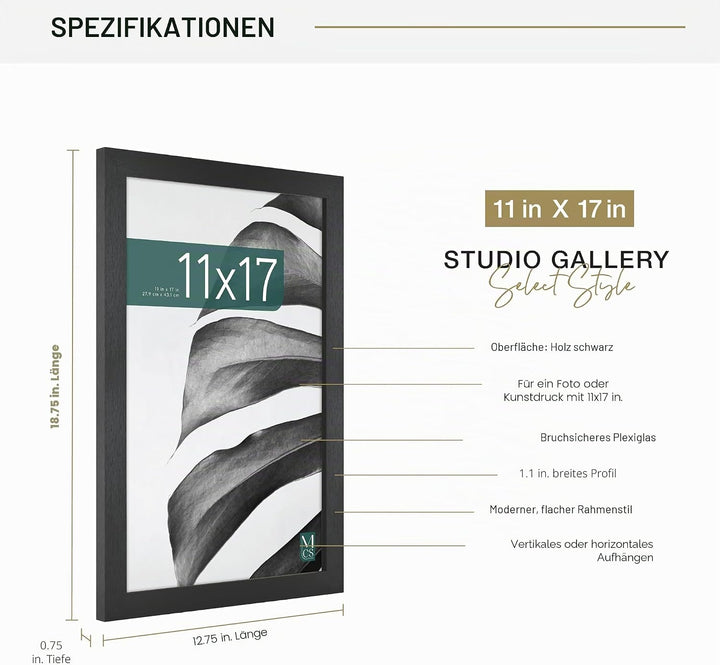 MCS Studio Galerie-Rahmen, schwarze Holzmaserung, 27,9 x 43,2 cm, Einzelbett Schwarz Holz-Optik 11 x